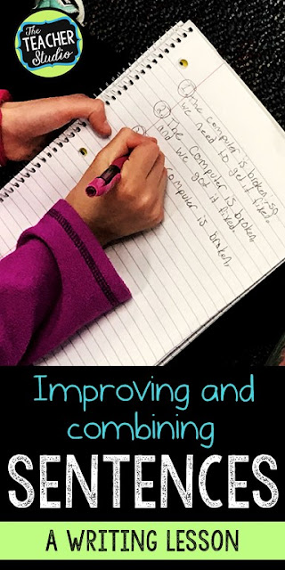 Short writing lessons where we model writing and use a gradual release of responsibility model to help students learn how to add details to their sentences and combining sentences to make compound sentences. Great for writer's workshop or to review essential writing standards. Third grade writing lessons, fourth grade writing lessons, fifth grade writing lessons, writing activities, writing task cards