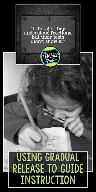 Teaching fractions is challenging--but if we use a gradual release of instruction method we have the best chance of deep fraction understanding. Perfect for third grade fractions, fourth grade fractions, fifth grade fractions, fraction unit, fraction lessons, fraction activities