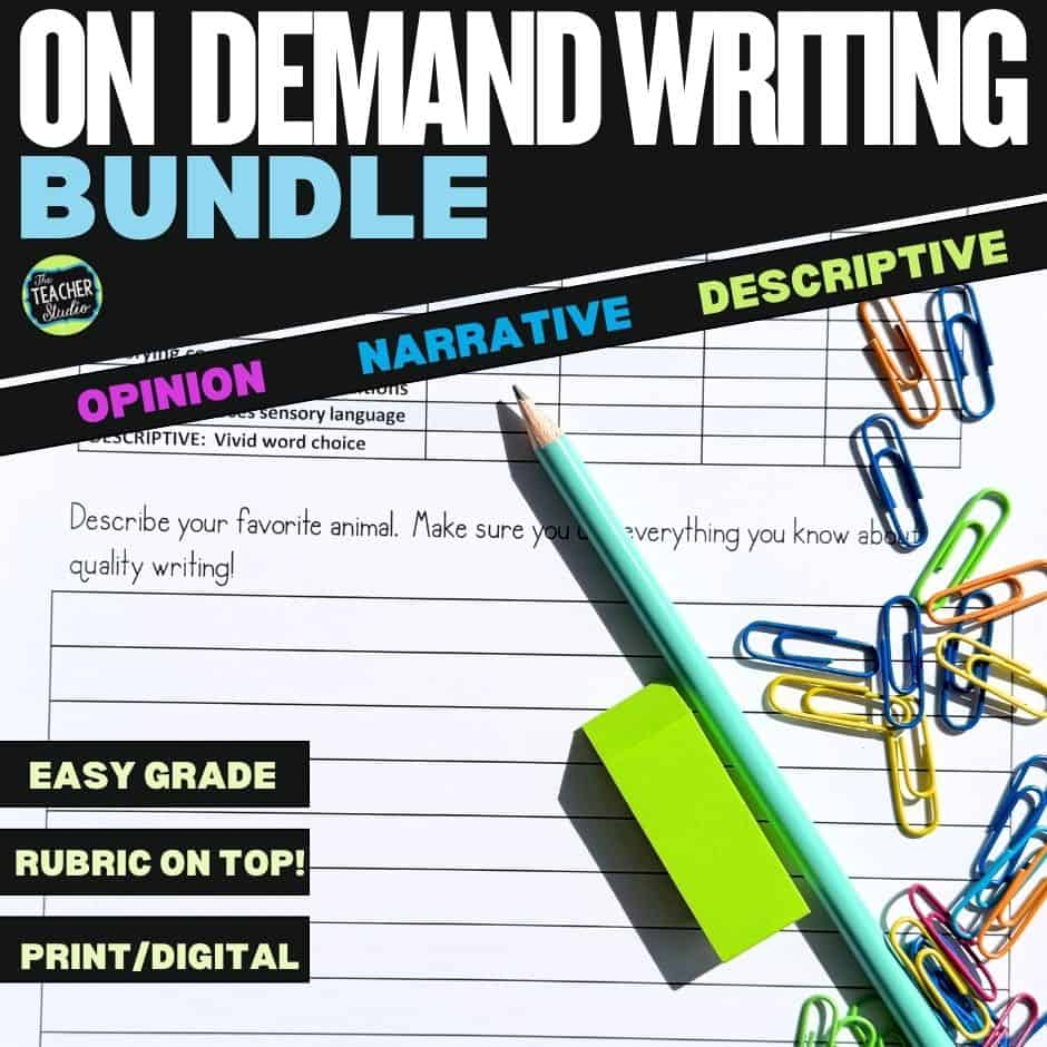 A collection of opinion writing prompts, descriptive writing prompts, and narrative writing prompts.