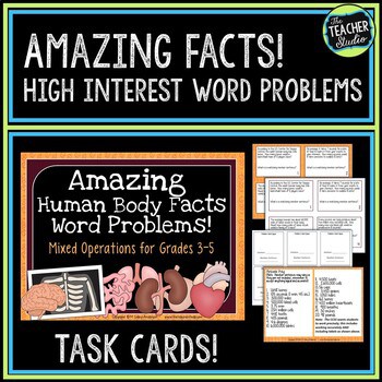 Word Problem Task Cards:  Amazing Human Body Facts--Grades 3-5 Mixed Operations