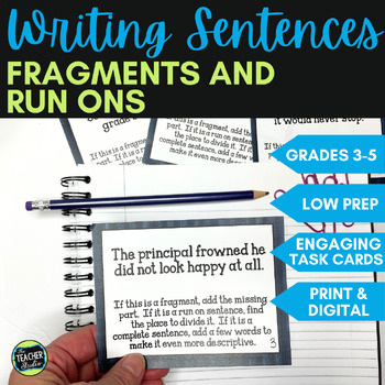 Run on Sentences and Fragments Task Cards - Writing Sentences - Print & Digital